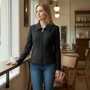 St. John Collection Black Santana Knit Wool Rayon Full Zip Collard Jacket Size 4